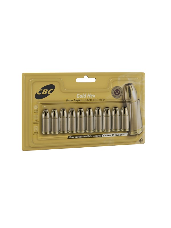 MUNIÇÃO CBC 9MM EXPO +P+ GOLD HEX 115GR