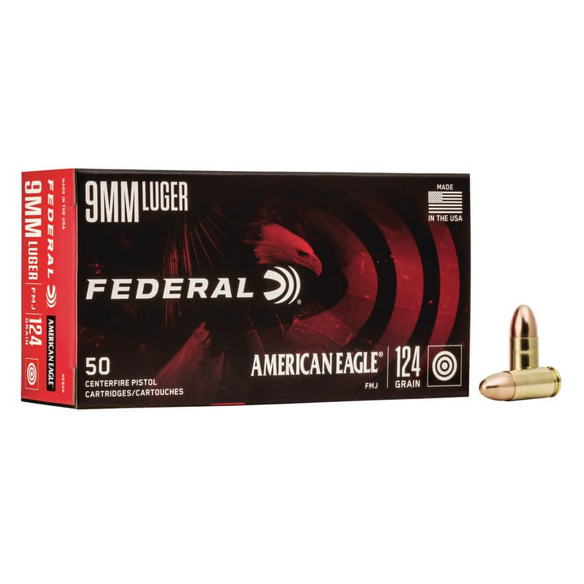 MUNIÇÃO FEDERAL 9mm LUGER 124GR FMJ AMERICAN EAGLE 50un