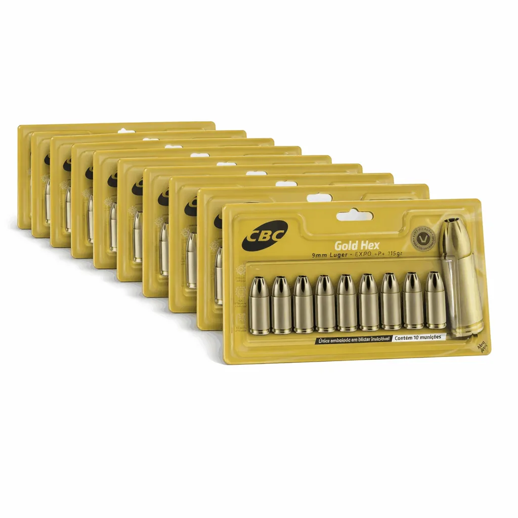 MUNIÇÃO CBC 9MM GOLD HEX LUGER EXPO +P+ 115GR 10un
