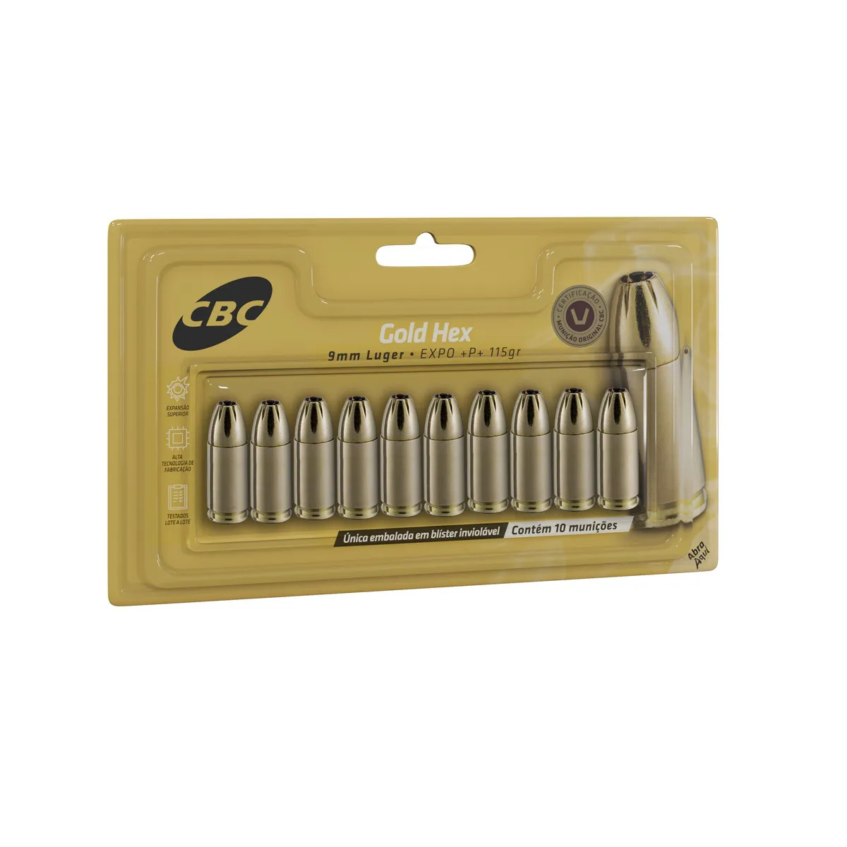 MUNIÇÃO CBC 9MM GOLD HEX LUGER EXPO +P+ 115GR