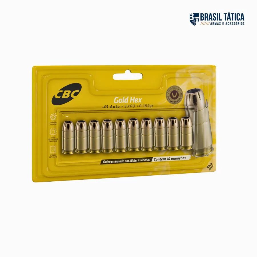 MUNIÇÃO CBC .45 AUTO GOLD HEX EXPO +P 185GR